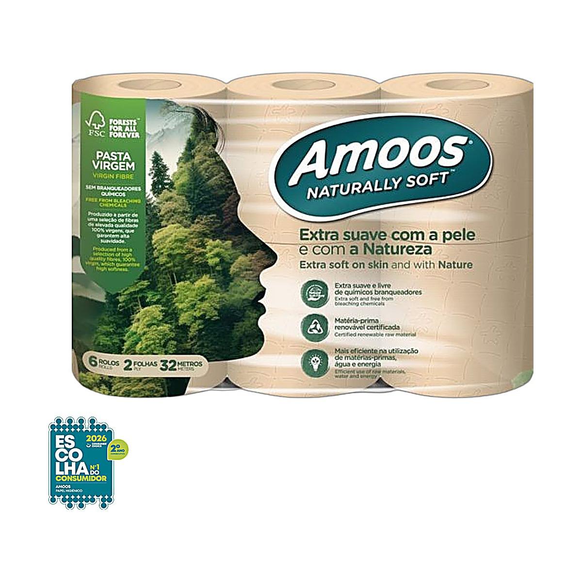 Papel higiénico doméstico 32mt 2 folhas Amoos Naturally 6 rolos Papel higiénico doméstico 32mt 2 folhas Amoos Naturally 6 rolos